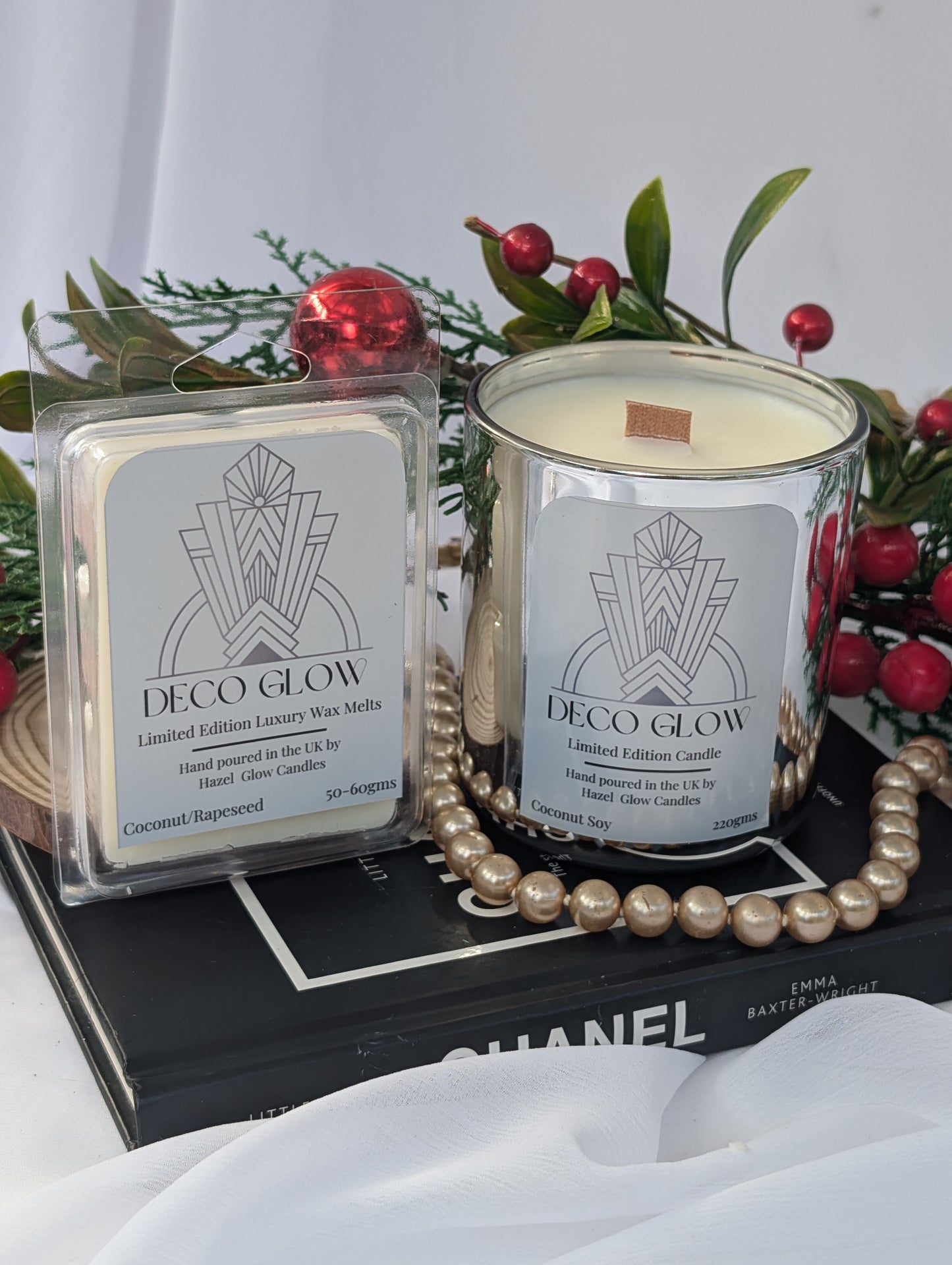 Deco Glow candle and matching wax meltsChanel book