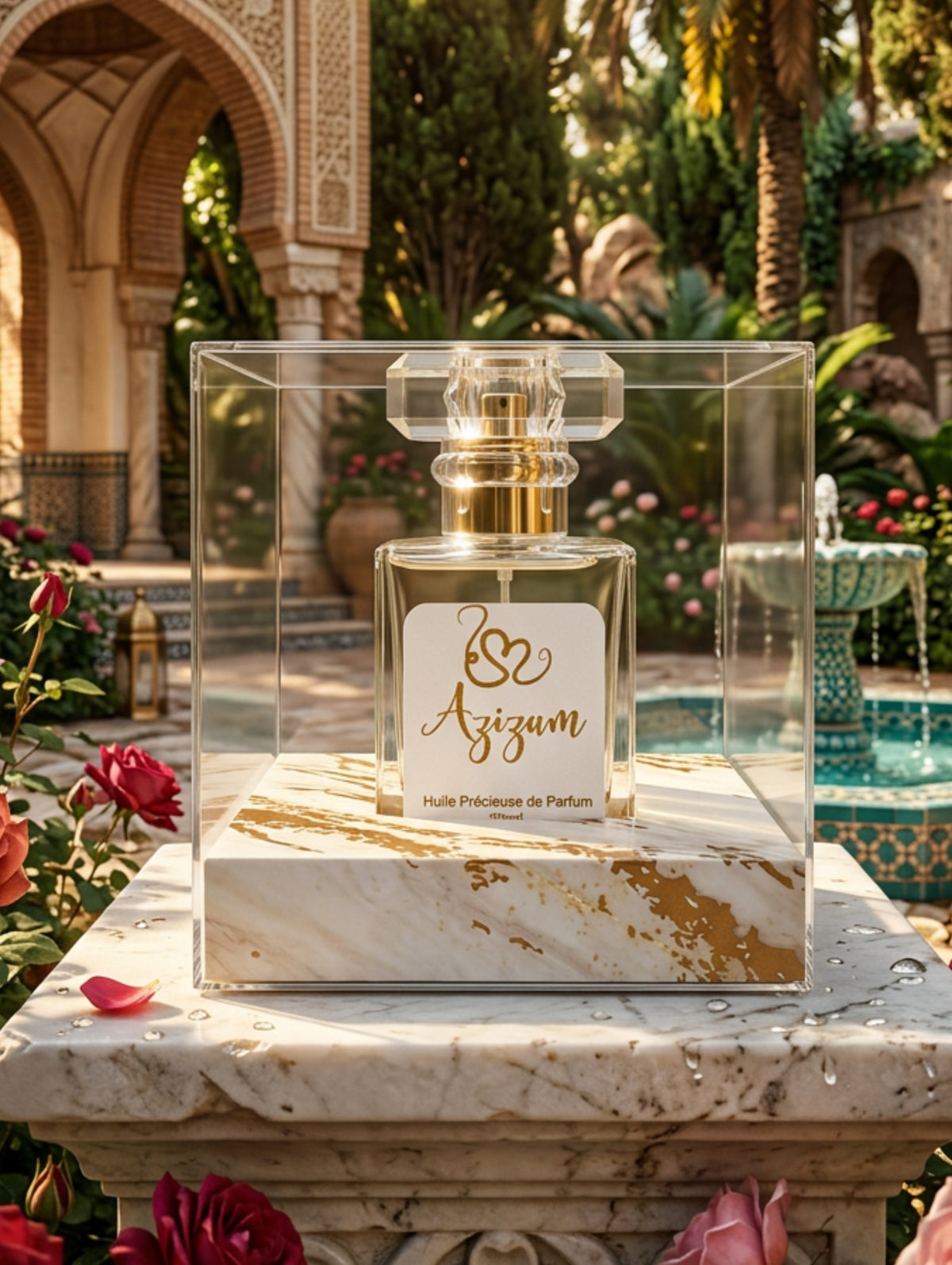 A clear acrylic perfume box containing a rectangular glass perfume bottle with a gold cap and a white label reading 'Azizam'. The box sits on a marble-patterned base in a Persian Garden