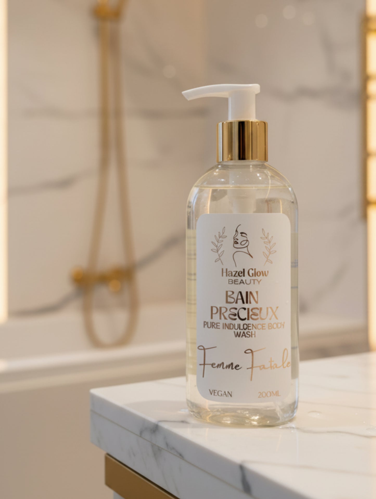 Bottle of Hazel Glow Beauty Bain Precieux Pure Indulgence Body Wash oa white marble worktop in luxury bathroom