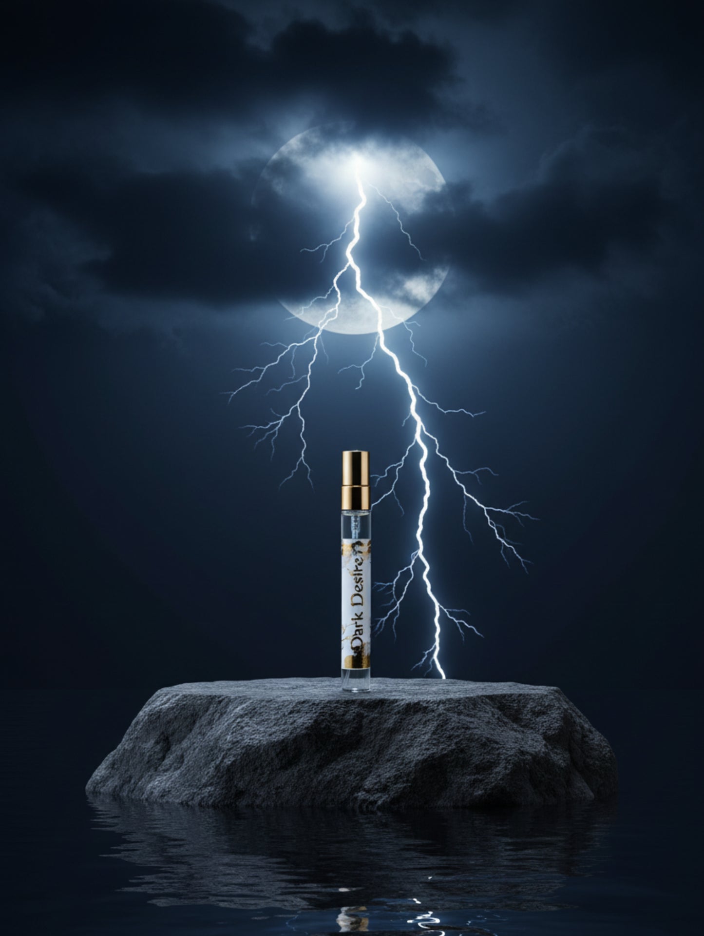 Dark Desire eau de parfum 10ml by Hazel Glow on stone with lightning