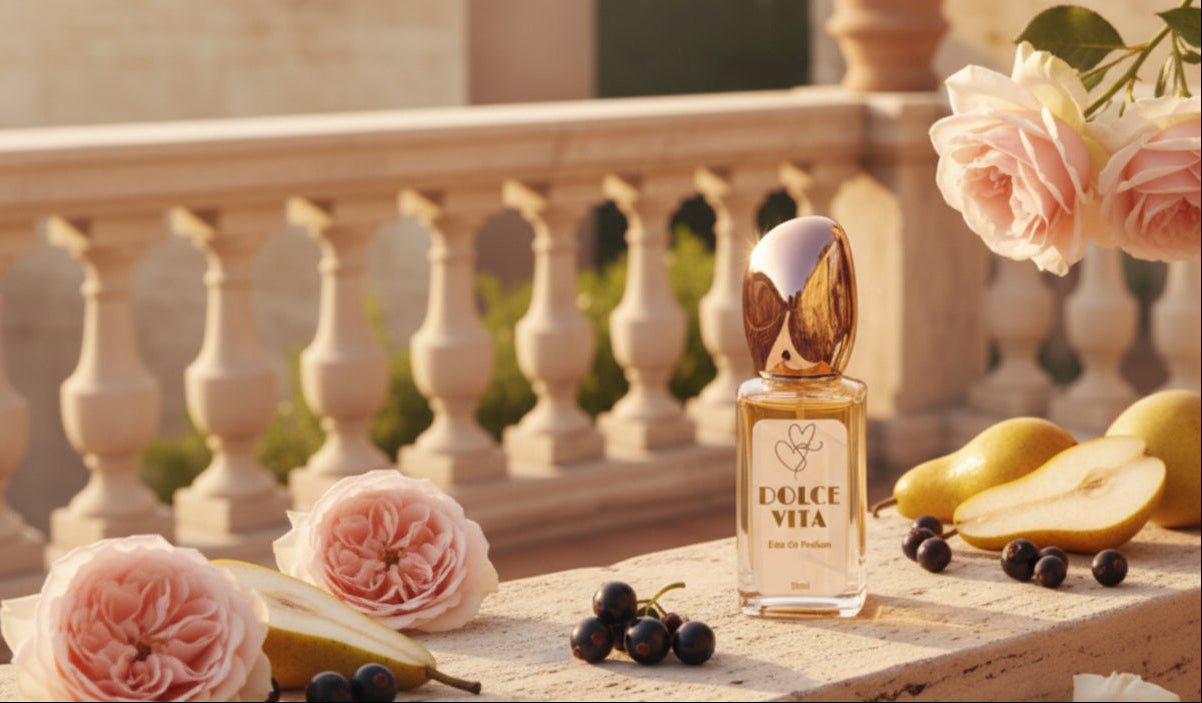 Vegan perfume Dolce Vita in rose gold bottle 30ml on a wall in Rome, by Hazel Glow
