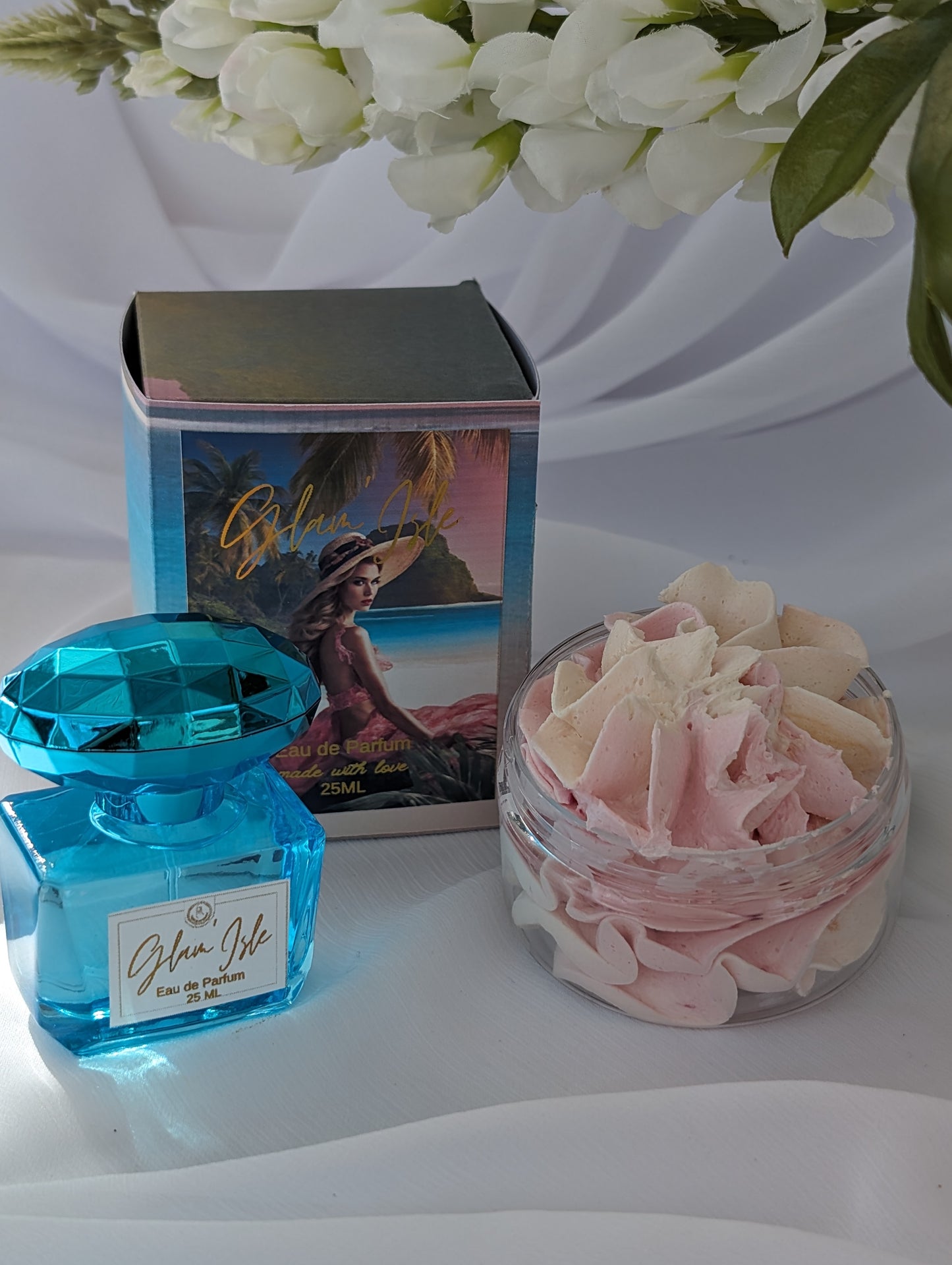 Glam'Isle Gourmand perfume, Caramel based in blue bottle with matching whipped soap