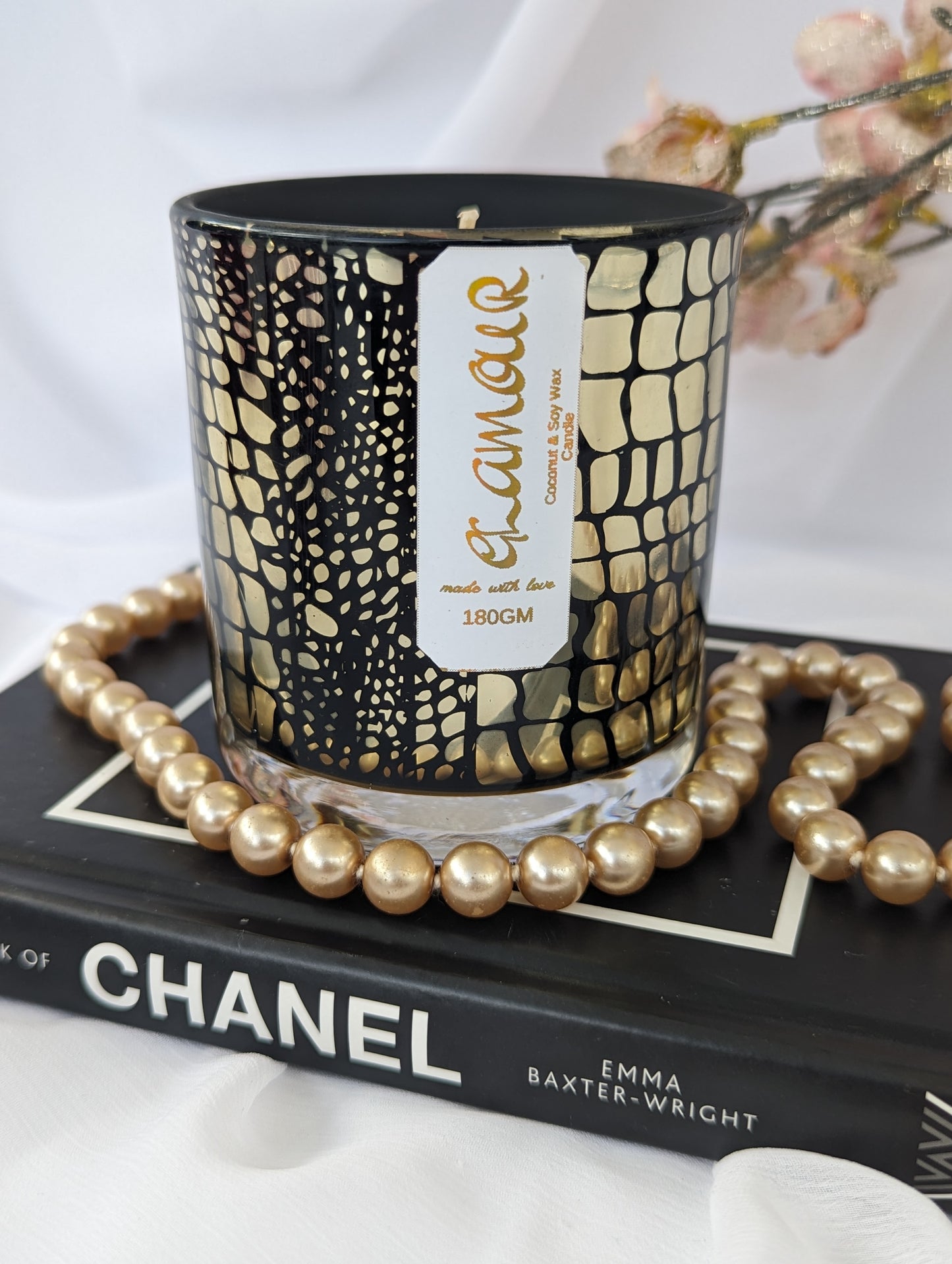 Luxury Candle in gold and black crocodile pattern container, with gold foiled Glamour label