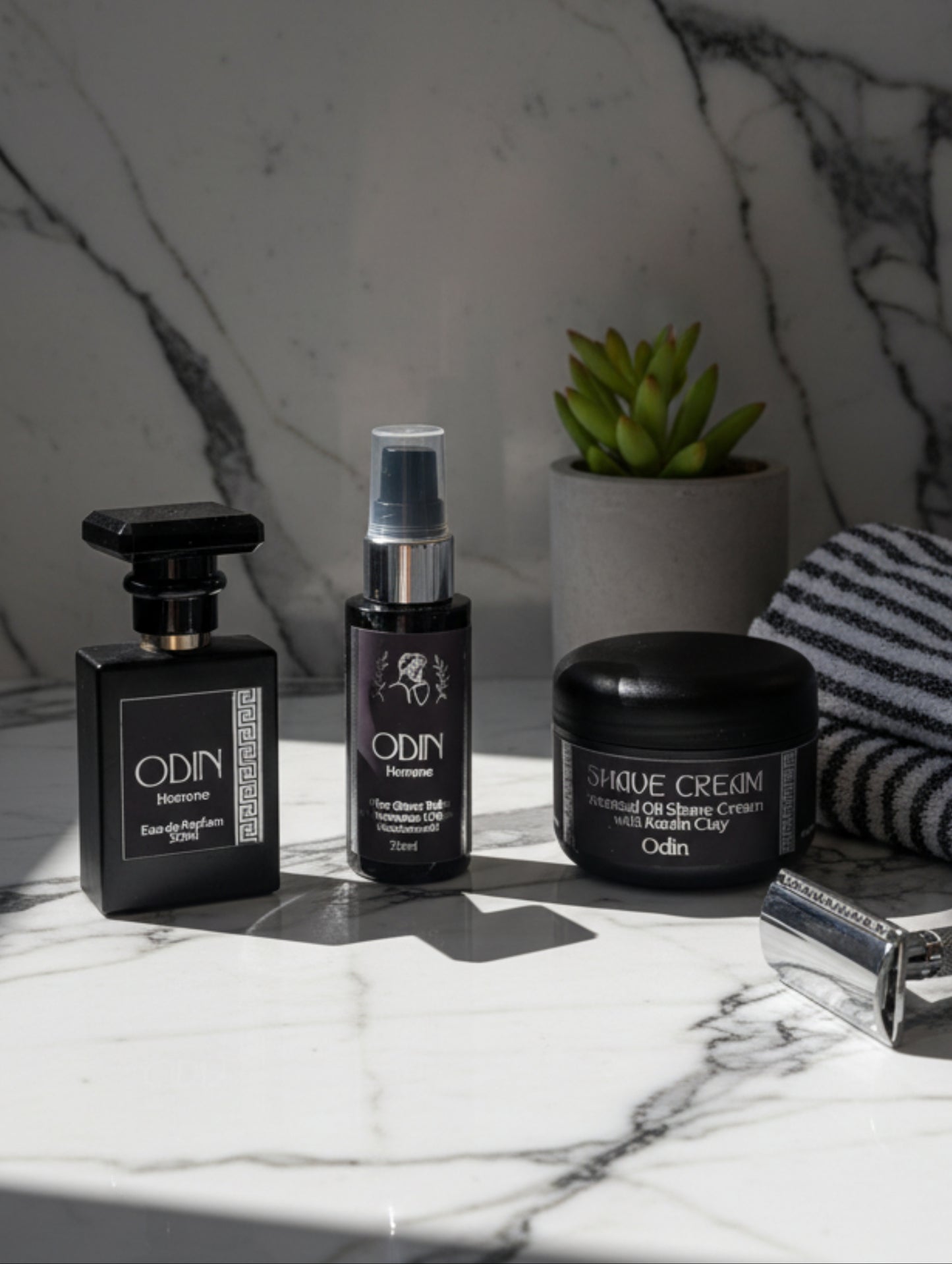 Odin Men's grooming ritual - botanical shave butter, after shave balm and vegan eau de parfum