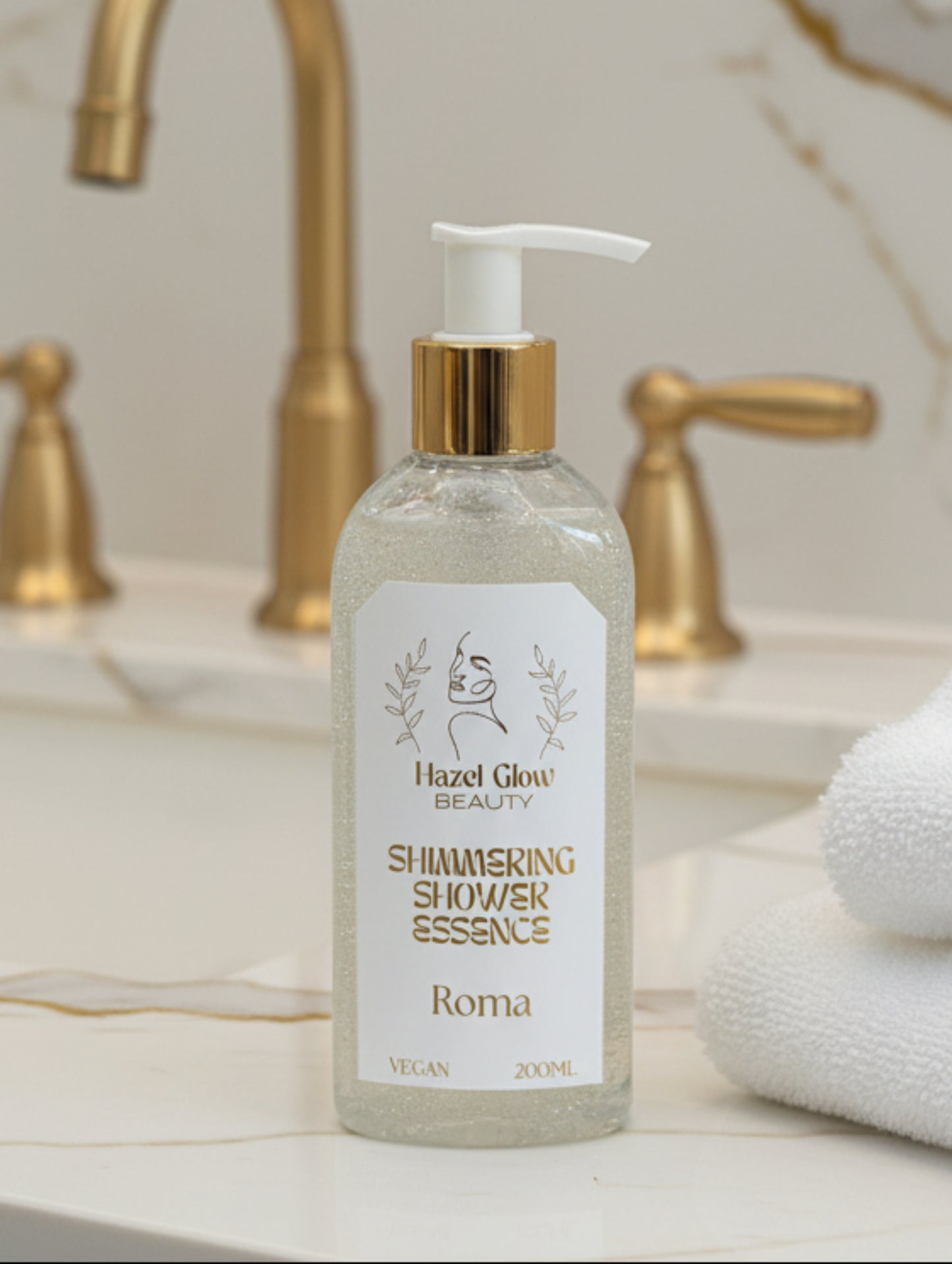 Bottle of Hazel Glow Beauty Shimmering Shower gel, Roma fragrance on a white background