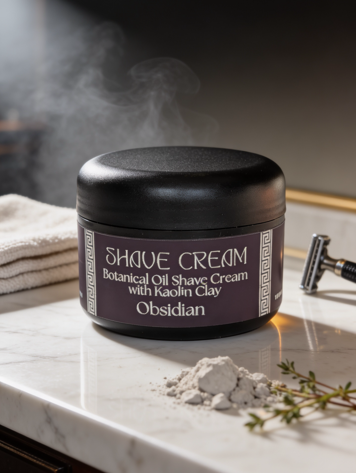 Shave cream jar labeled 'Obsidian' on a marble surface with steam and grooming tools.
