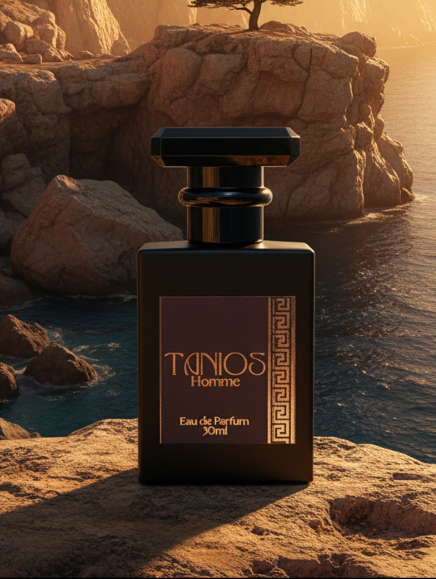 Tanios leather oriental perfume for men by Hazel Glow. on a stone with sea in the background