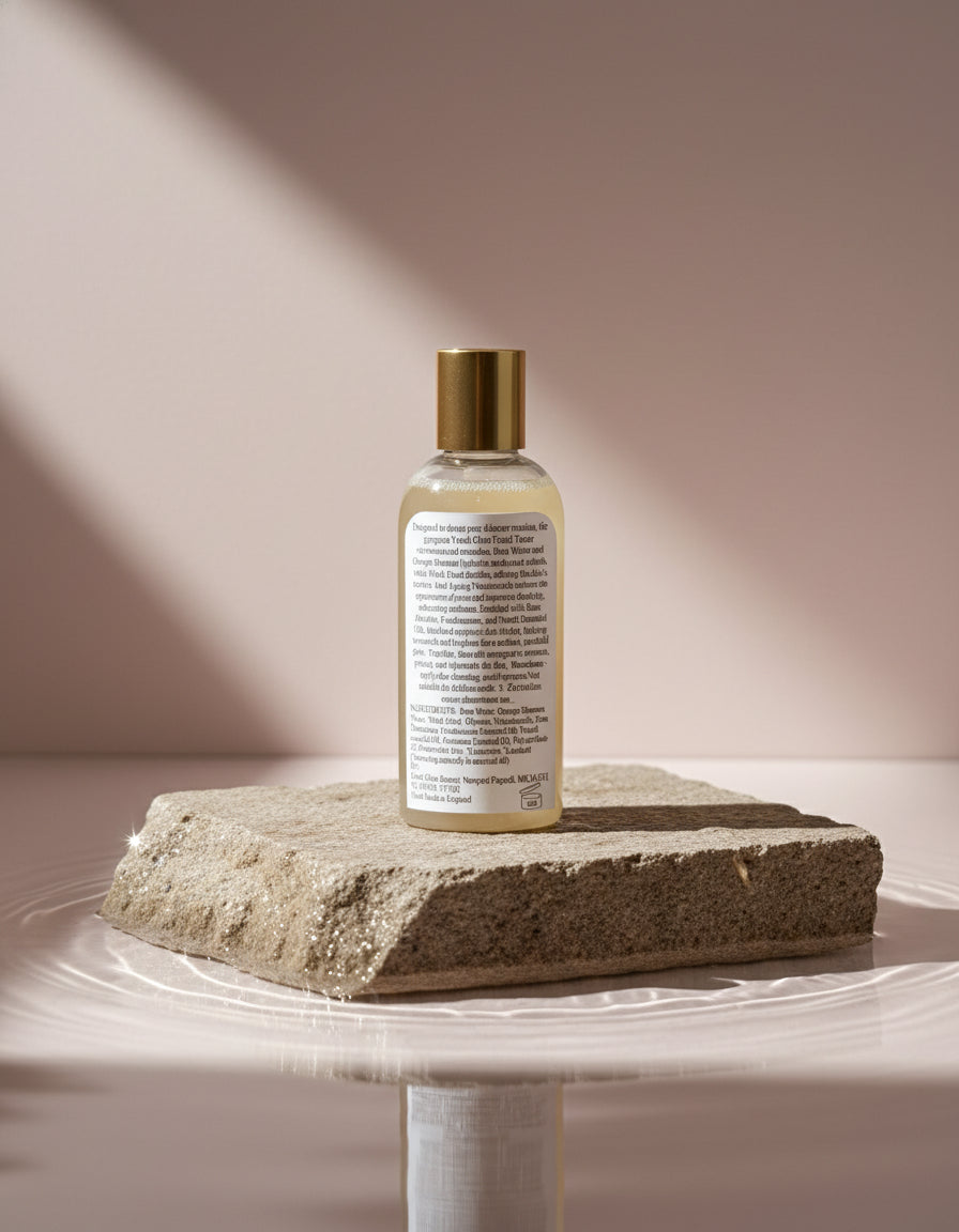 Ingredients label of Youth Glow Facial toner bottle with gold cap and white label