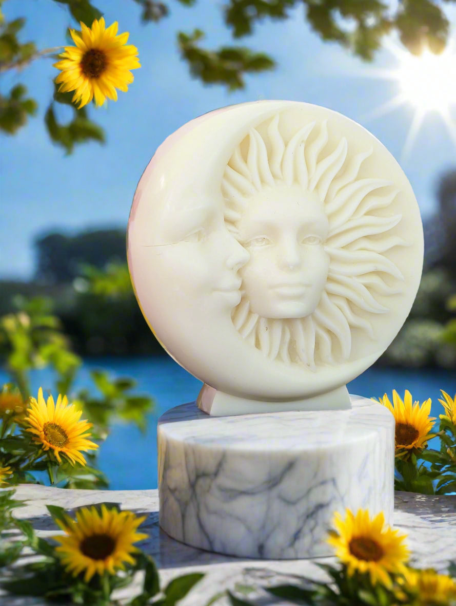 sun and moon candle on a marble round plinth against the blue sky and sun shining