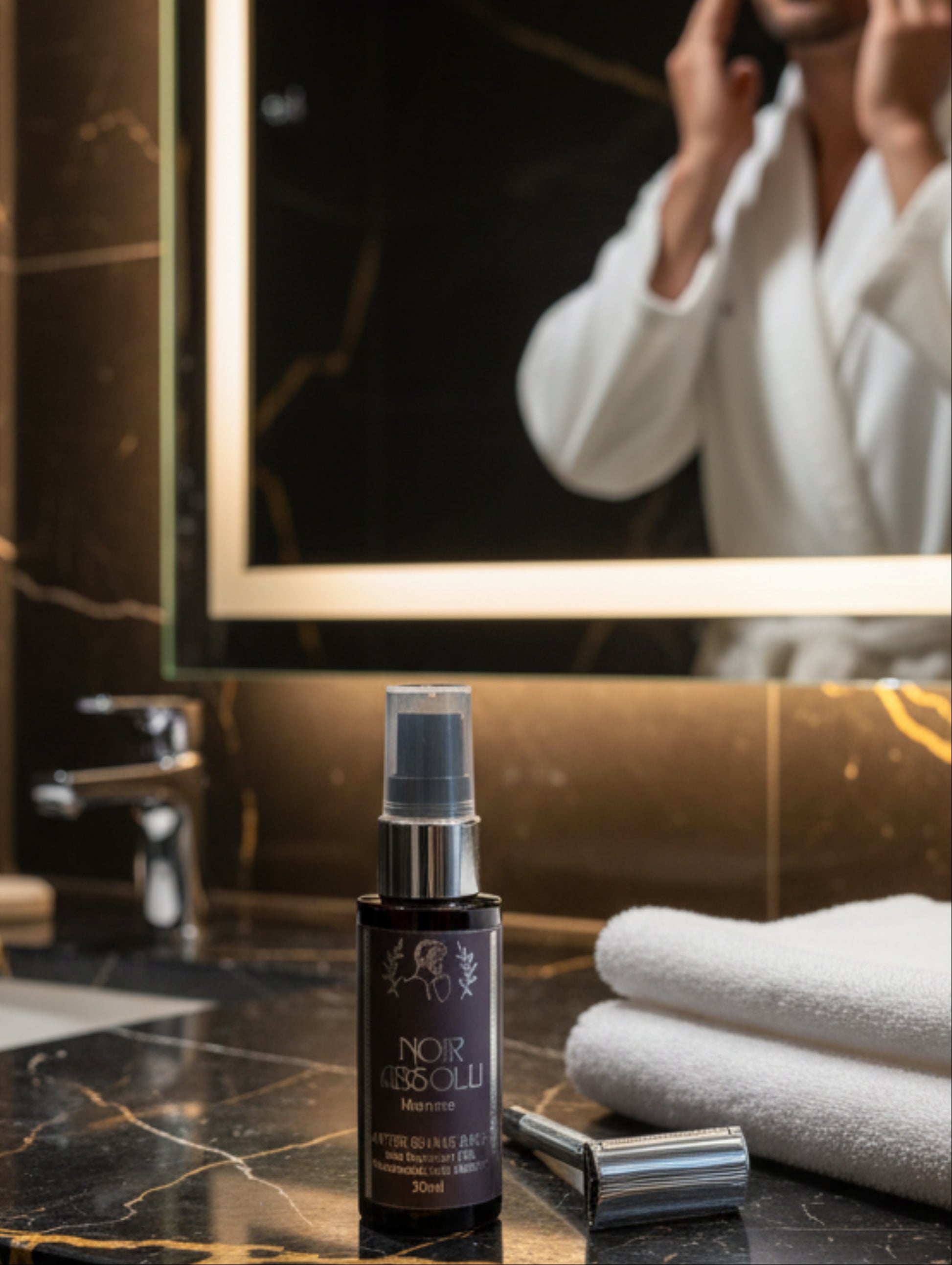 After Shave Balm for men in Noir Absolu fragrance by Hazel Glow, 50ml botanical oil post shave balm with botanical oils, niacinamid and allantoin in a black pump bottle with black and silver foil label