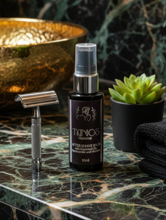 Tanios aftershave balm with botanical oils, niacinamide and Allantoin.  