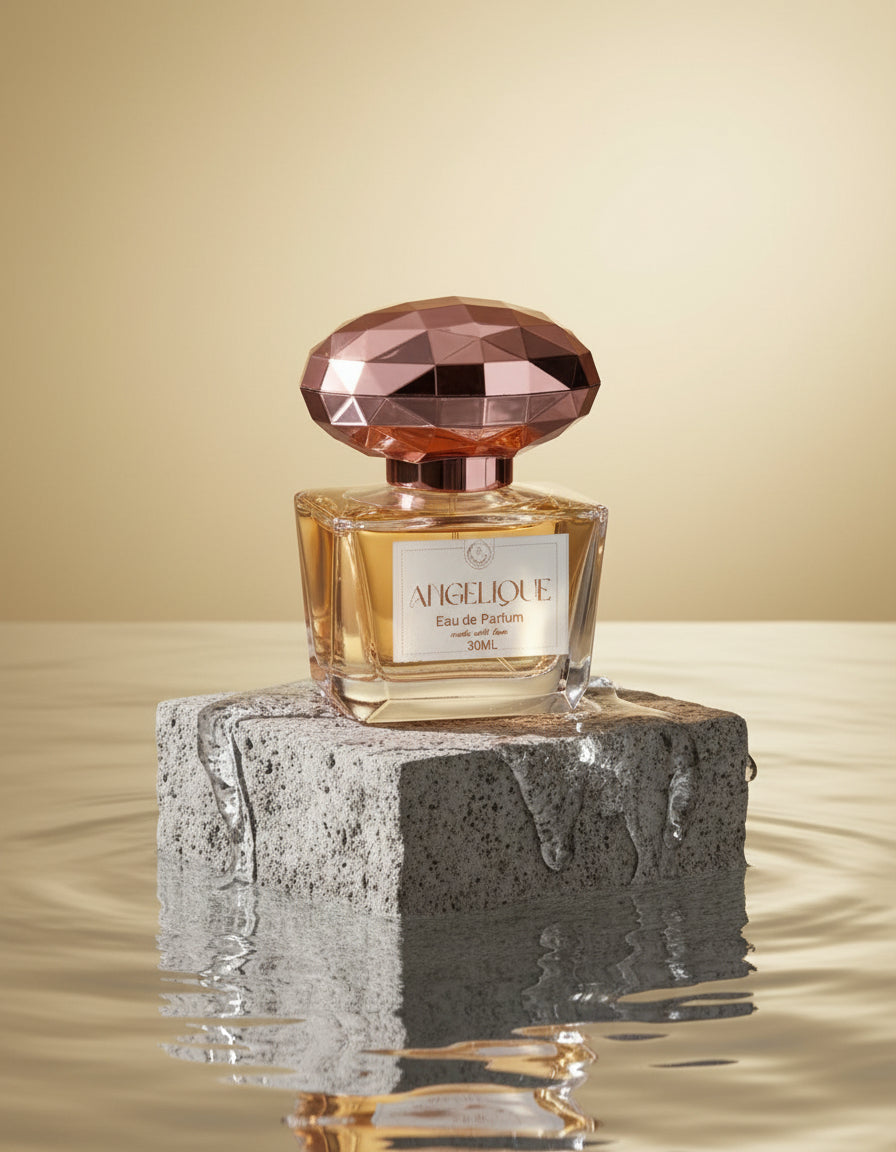 Angelique vegan fragrance 30ml eau de parfum by Hazel Glow, on a rock in water