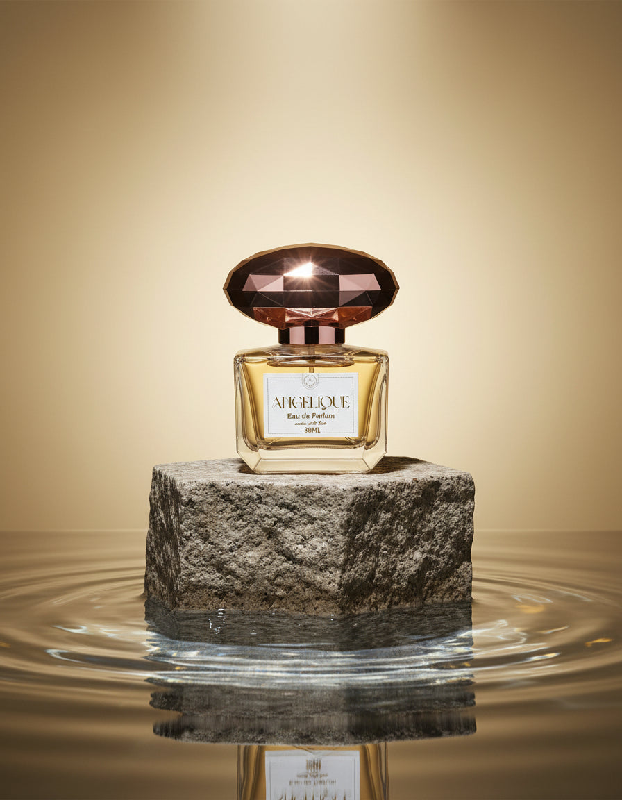 Angelique vegan fragrance by Hazel Glow on a rock in water
