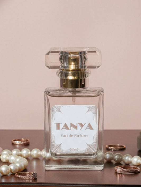 Art Deco style personalised Perfume bottle labeled 'Tanya Eau de Parfum' on a white background