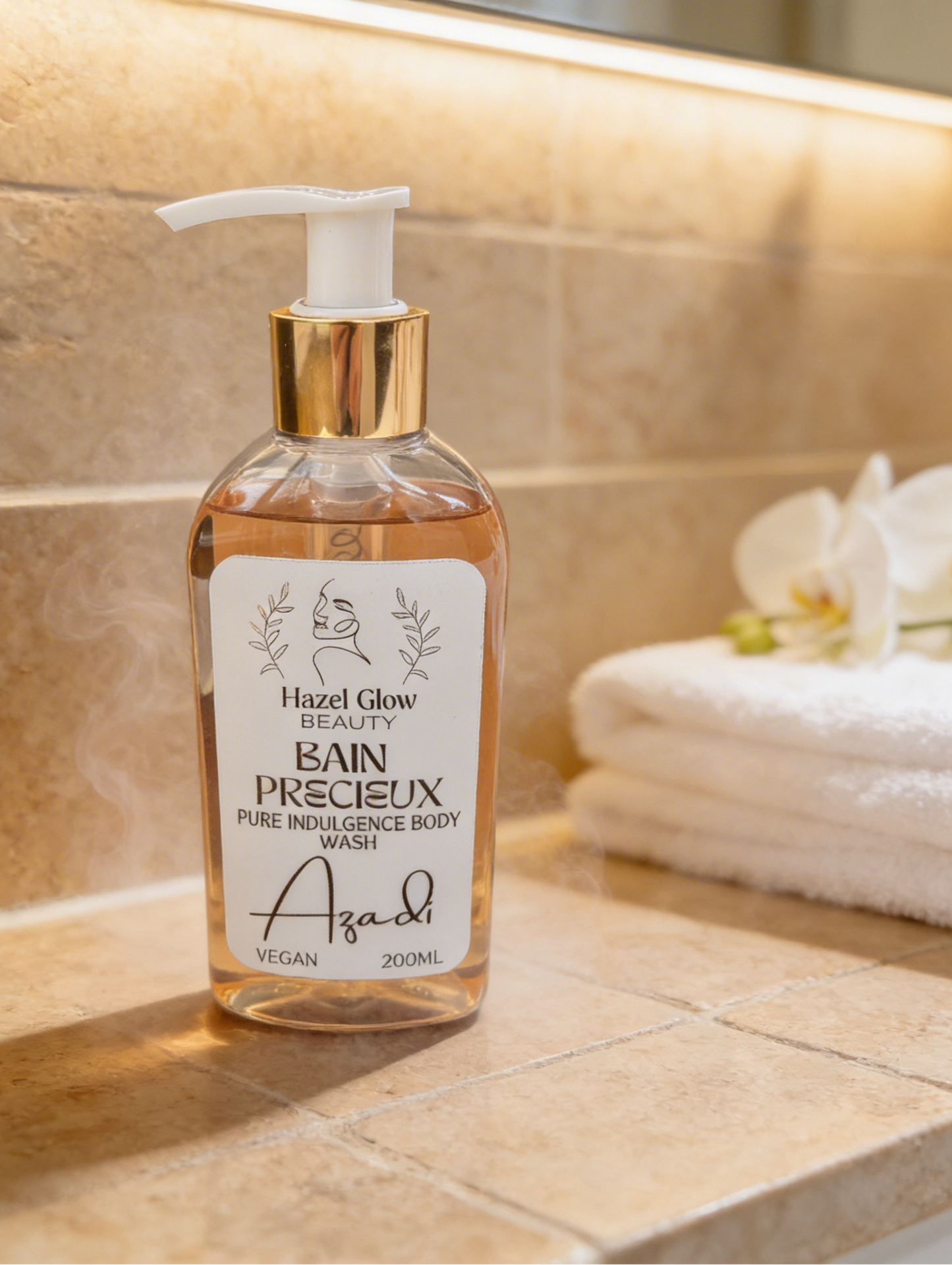 A bottle of Hazel Glow Beauty Bain Precieux Pure Intelligence Body Wash with a white pump and gold collar, set on a beige tiled bathroom counter next to a folded white towel and white orchids.