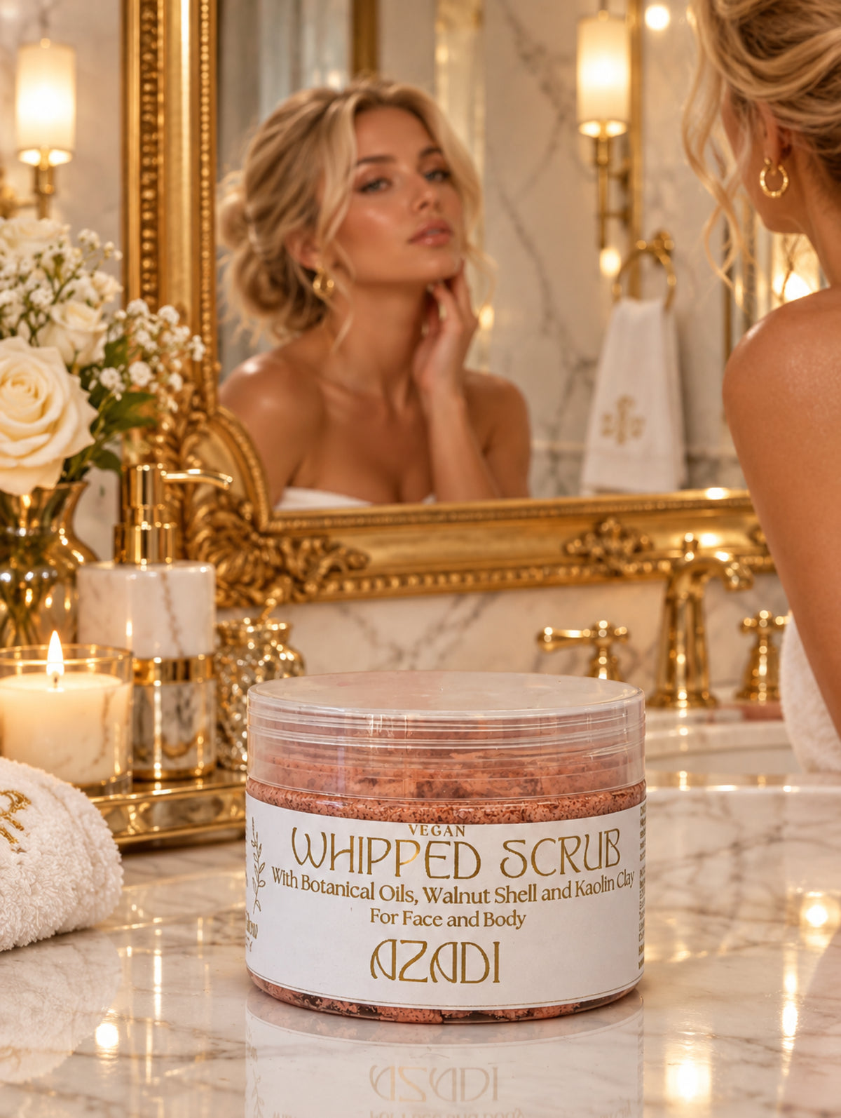 A jar of Azadi Vegan Whipped Scrub with botanical oils, walnut shell, and kaolin clay, shown on a reflective white surface against a light beige background.