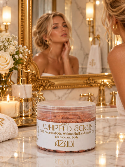 A jar of Azadi Vegan Whipped Scrub with botanical oils, walnut shell, and kaolin clay, shown on a reflective white surface against a light beige background.