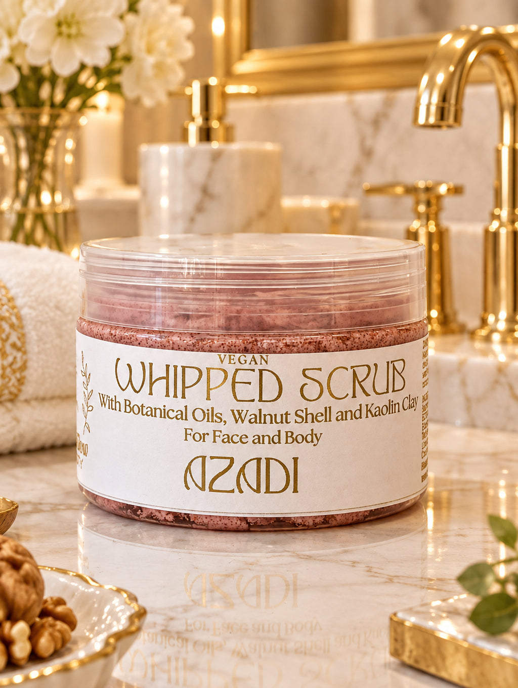 A jar of Azadi Vegan Whipped Scrub with botanical oils, walnut shell, and kaolin clay, shown in a luxury gold and white bathroom