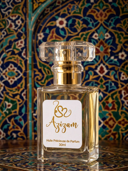 Perfumed Oil - Huile Précieuse by Hazel Glow in fragrance Azizam.  In a square bottle against an oriental background
