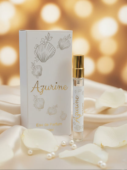 Azurine bridal perfume by Hazel Glow.  10ml size with gold cap, gold foiled label on bottle and box