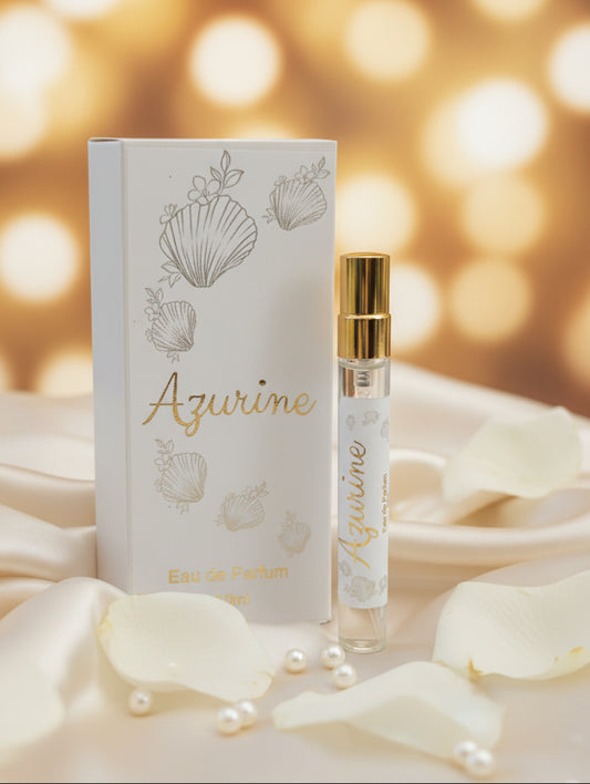 Azurine bridal perfume by Hazel Glow.  10ml size with gold cap, gold foiled label on bottle and box