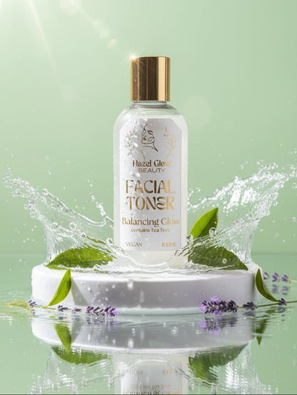 Vegan Facial toner bottle with gold cap and white label on a light background with flowers by Hazel Glow