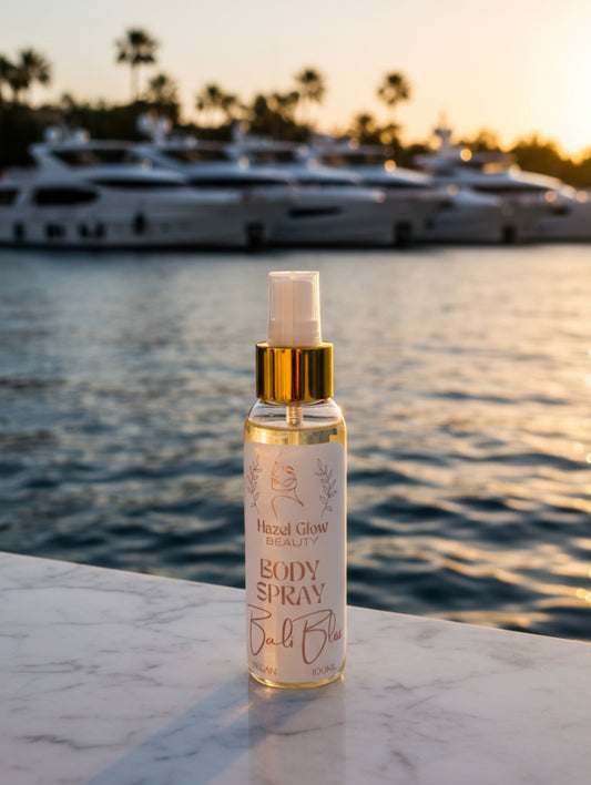 Paraben free body spray Bali Bliss by Hazel Glow.  Gourmand fragrance.