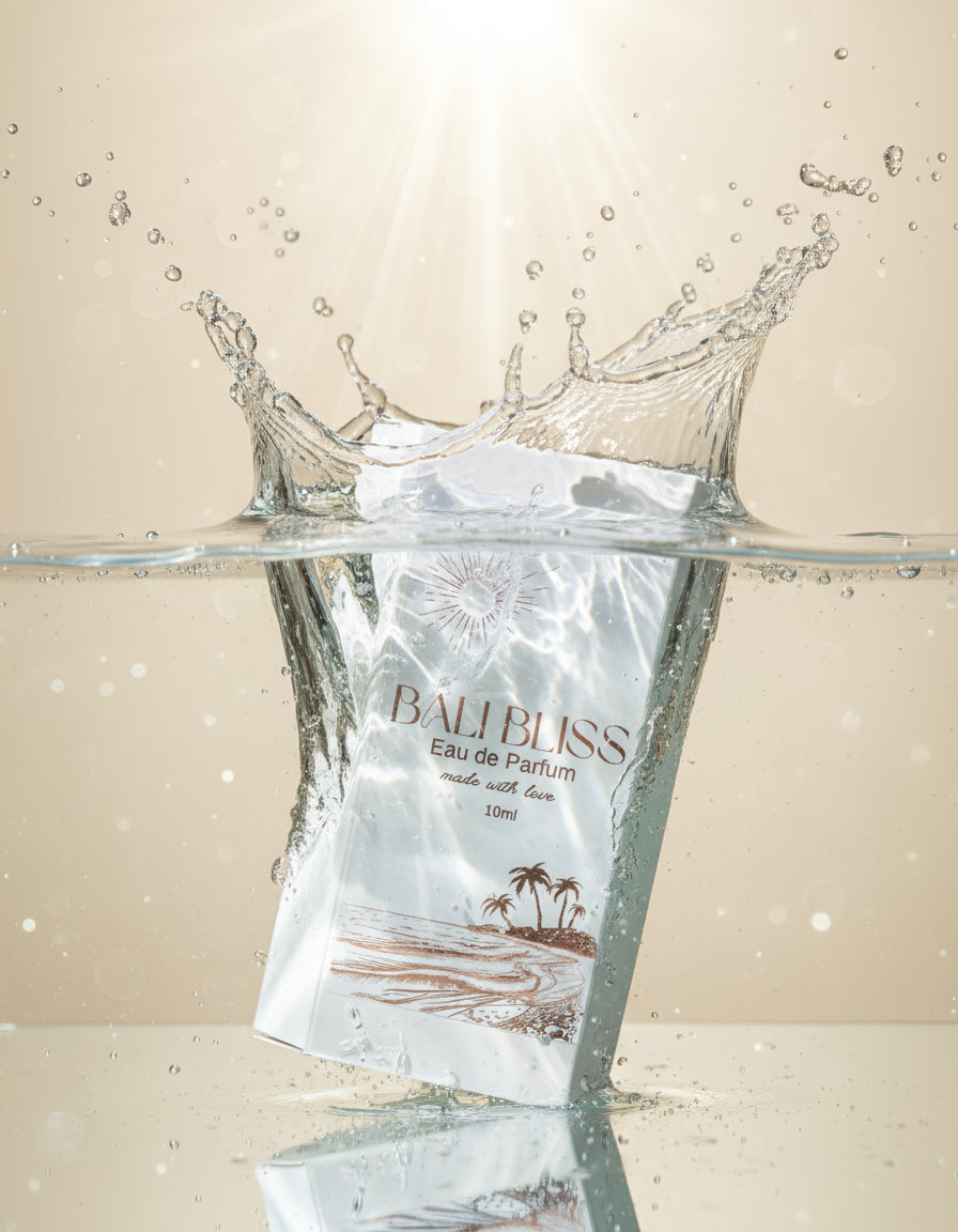 Bali Bliss Eau de Parfum packaging with palm tree design in water