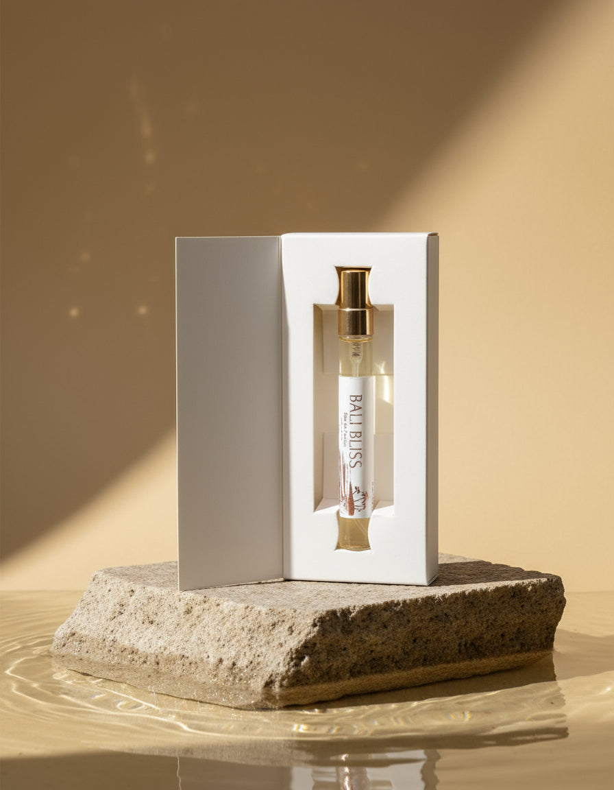 Bali Bliss vegan eau de parfum 10ml on stone plinth