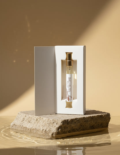 Bali Bliss vegan eau de parfum 10ml on stone plinth