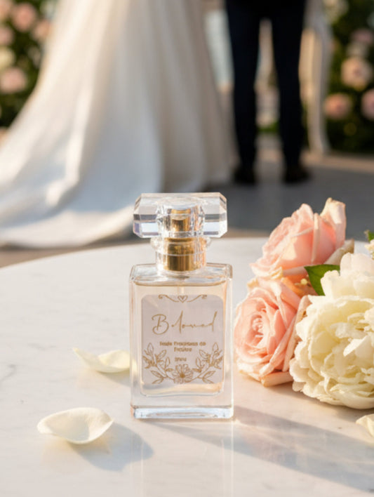 Perfumed Body Oil, Beloved Bridal Perfumed Oil by Hazel Glow on a marble table with flowers at a wedding