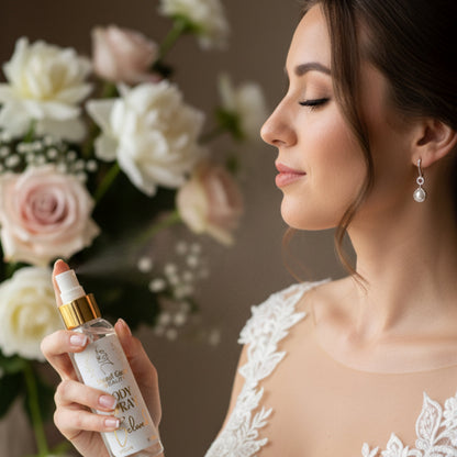 Beloved Body Spray held by a bride spraying on her decollete