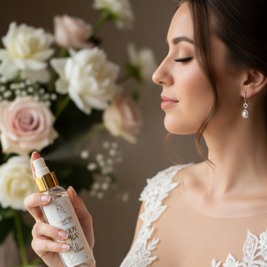 Beloved Body Spray held by a bride spraying on her decollete