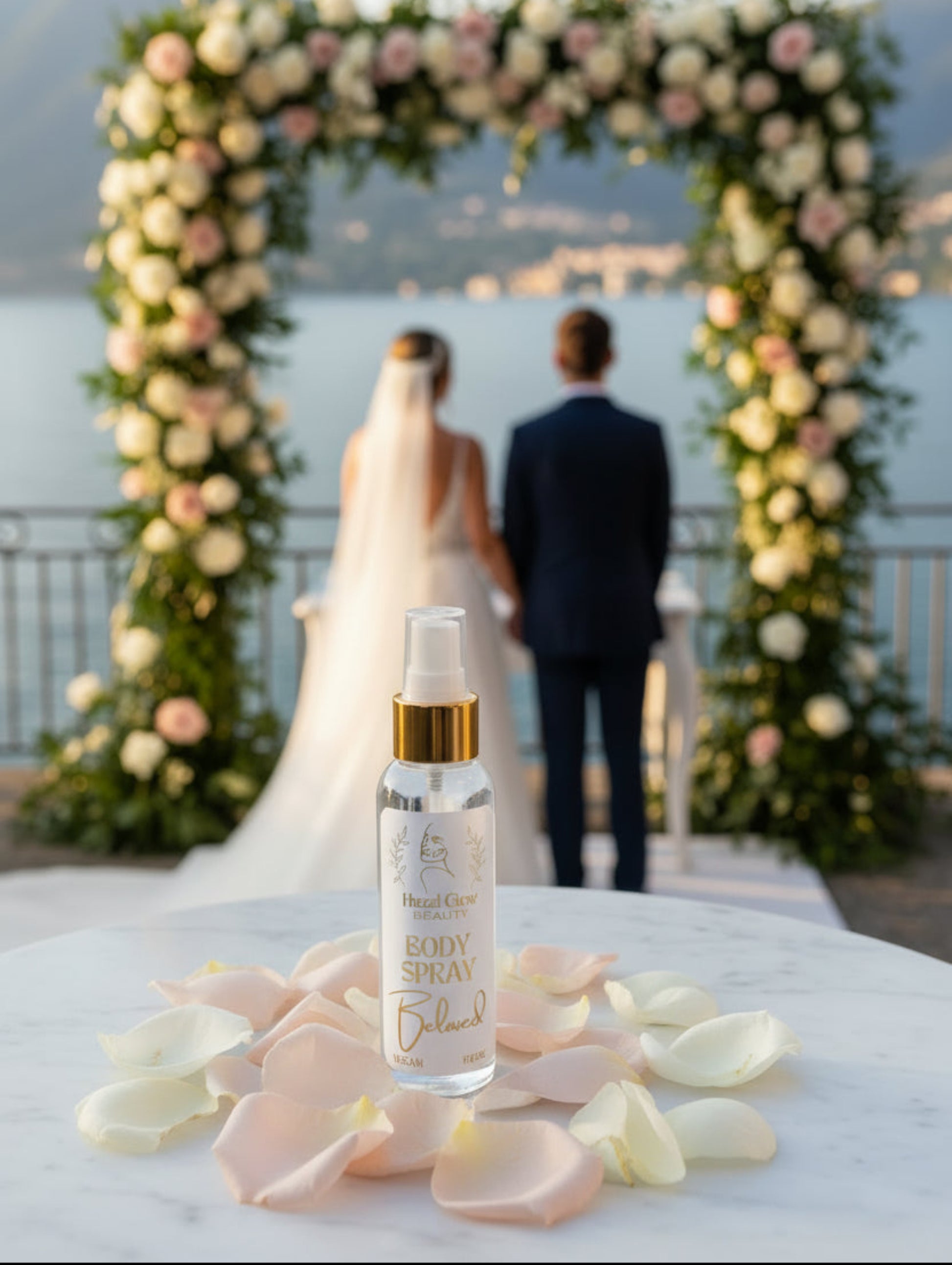 Body Spray Beloved by Hazel Glow on marble Table with bride and groom in background
