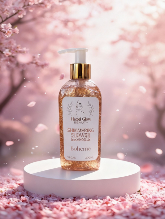Bottle of vegan, paraben free 'Boheme' cherry fragrance shower essence with cherry blossoms in the background