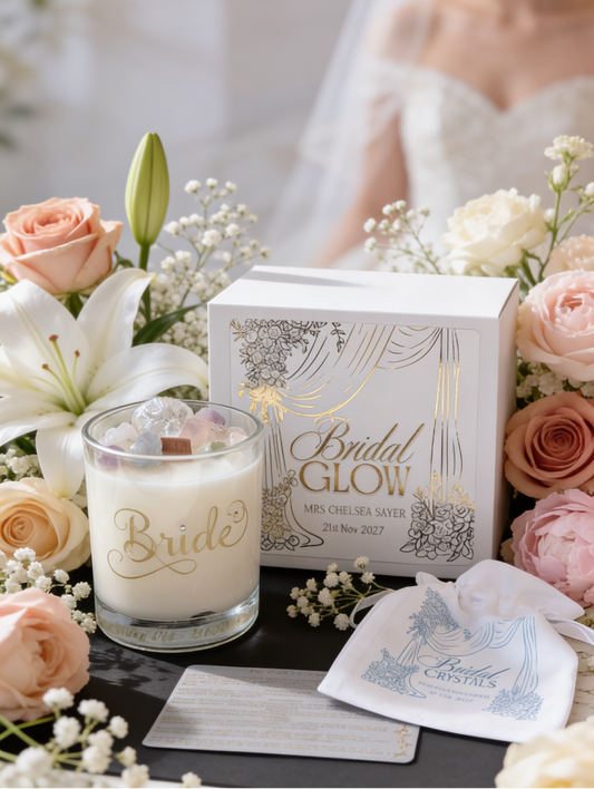 Bridal candle, hand etched wedding gift for bride with foiled keepsake box and satin bag