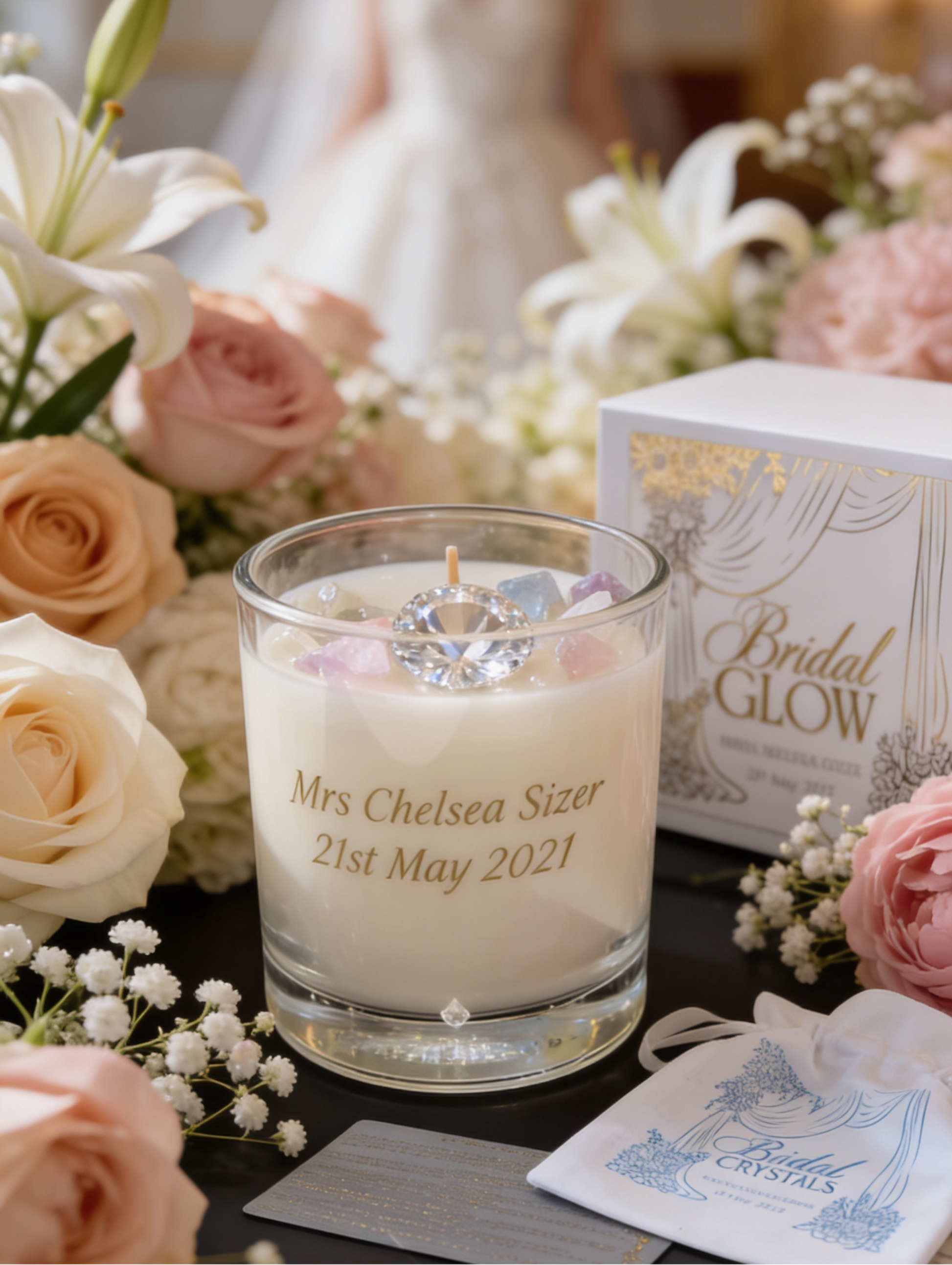 Personalised candle with floral arrangement and blurred bride in the background