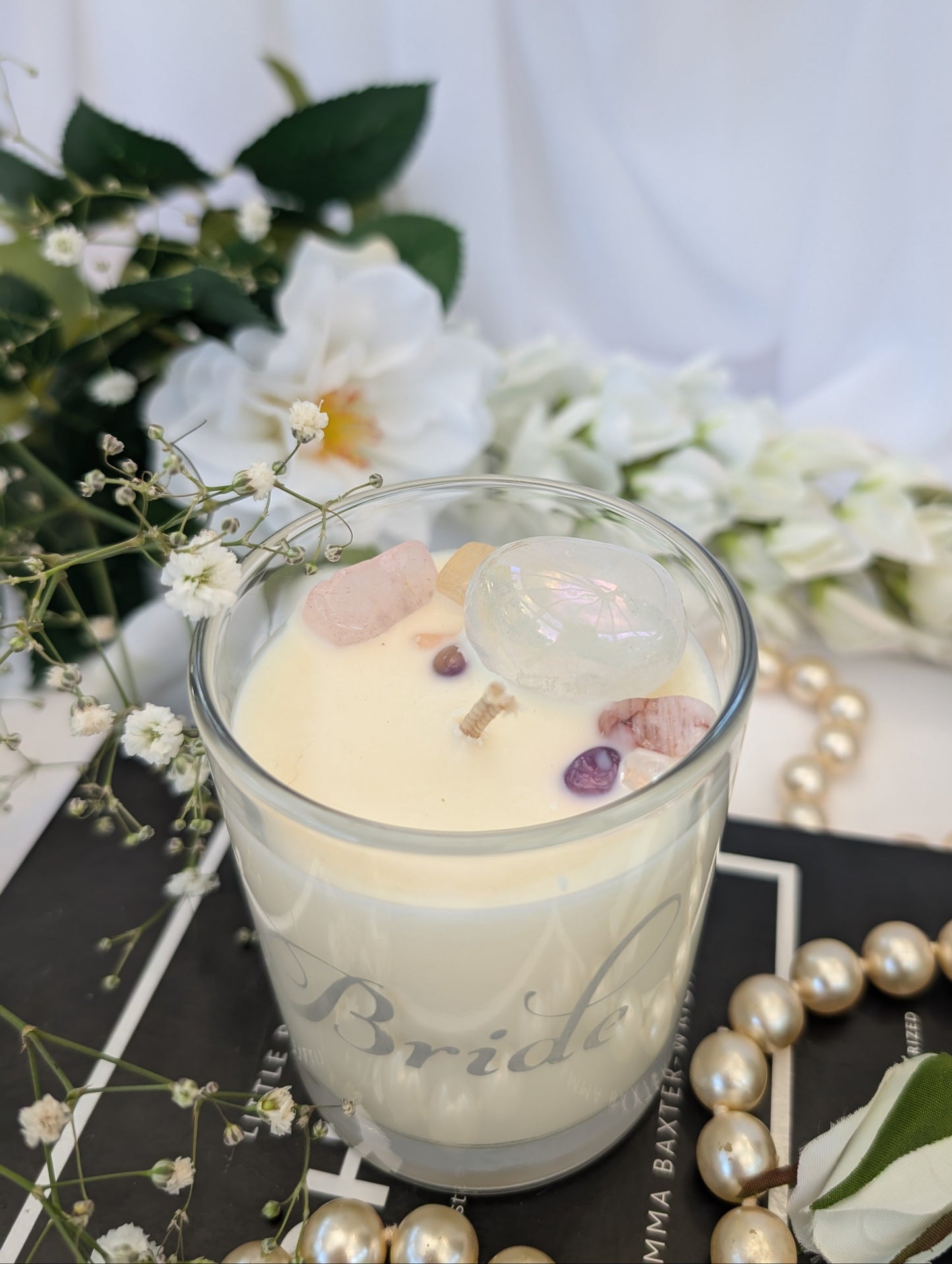 Top view of etched bride candle by Hazel Glow showing crystals