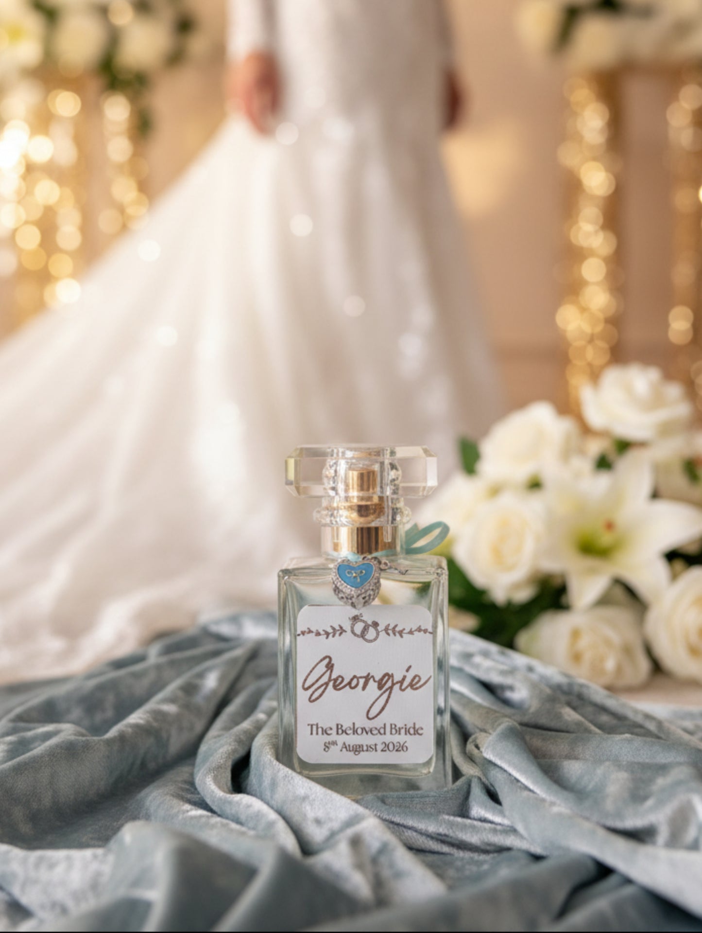 Personalised bridal perfume by Hazel Glow.  With foiled label and etched reverse, 