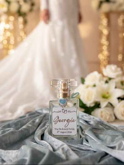 Personalised bridal perfume by Hazel Glow.  With foiled label and etched reverse, 