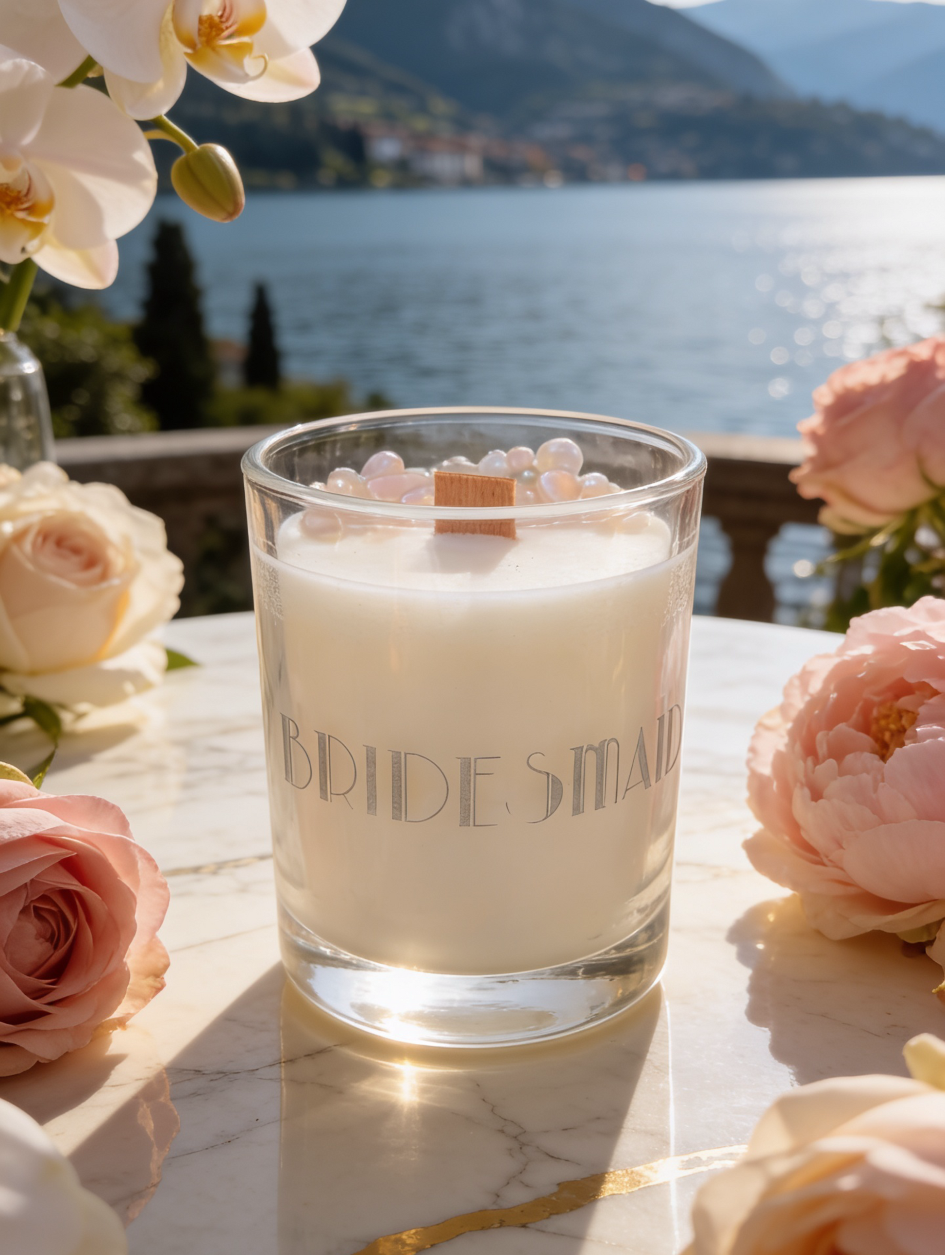 Personalised Bridesmaid Gift, hand etched vegan crystal candle with Bridesmaid in art deco style lettering with silver finish.  Option to personalise on reverse with name and wedding date.  By Hazel Glow