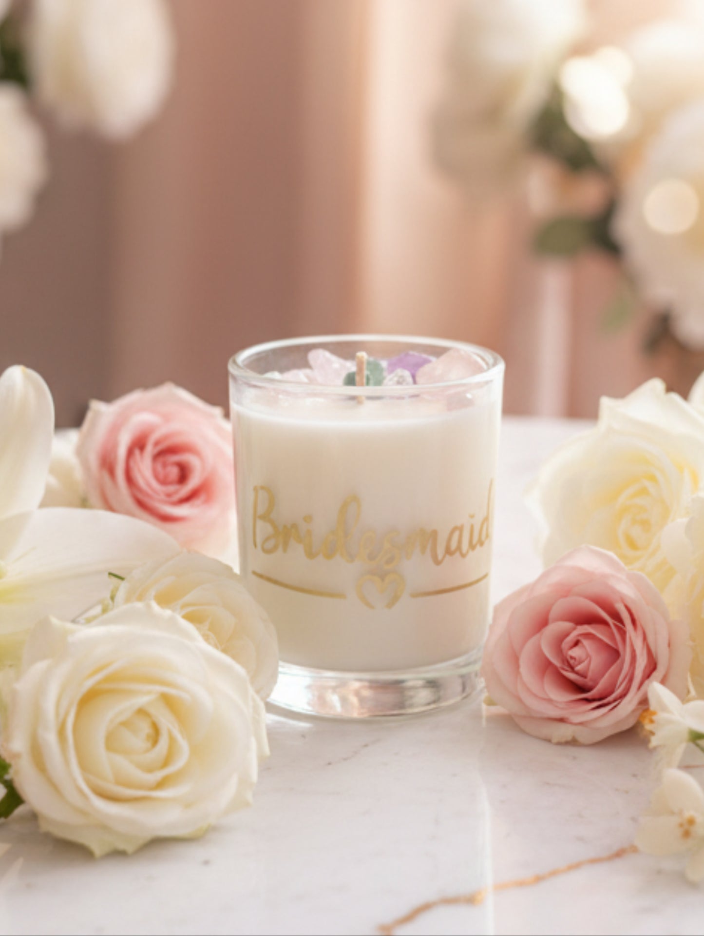 Bridesmaid gift, hand etched candle with crystals, jade, rose quartz, amethyst and aura quartz chips.  Luxury candle by Hazel Glow