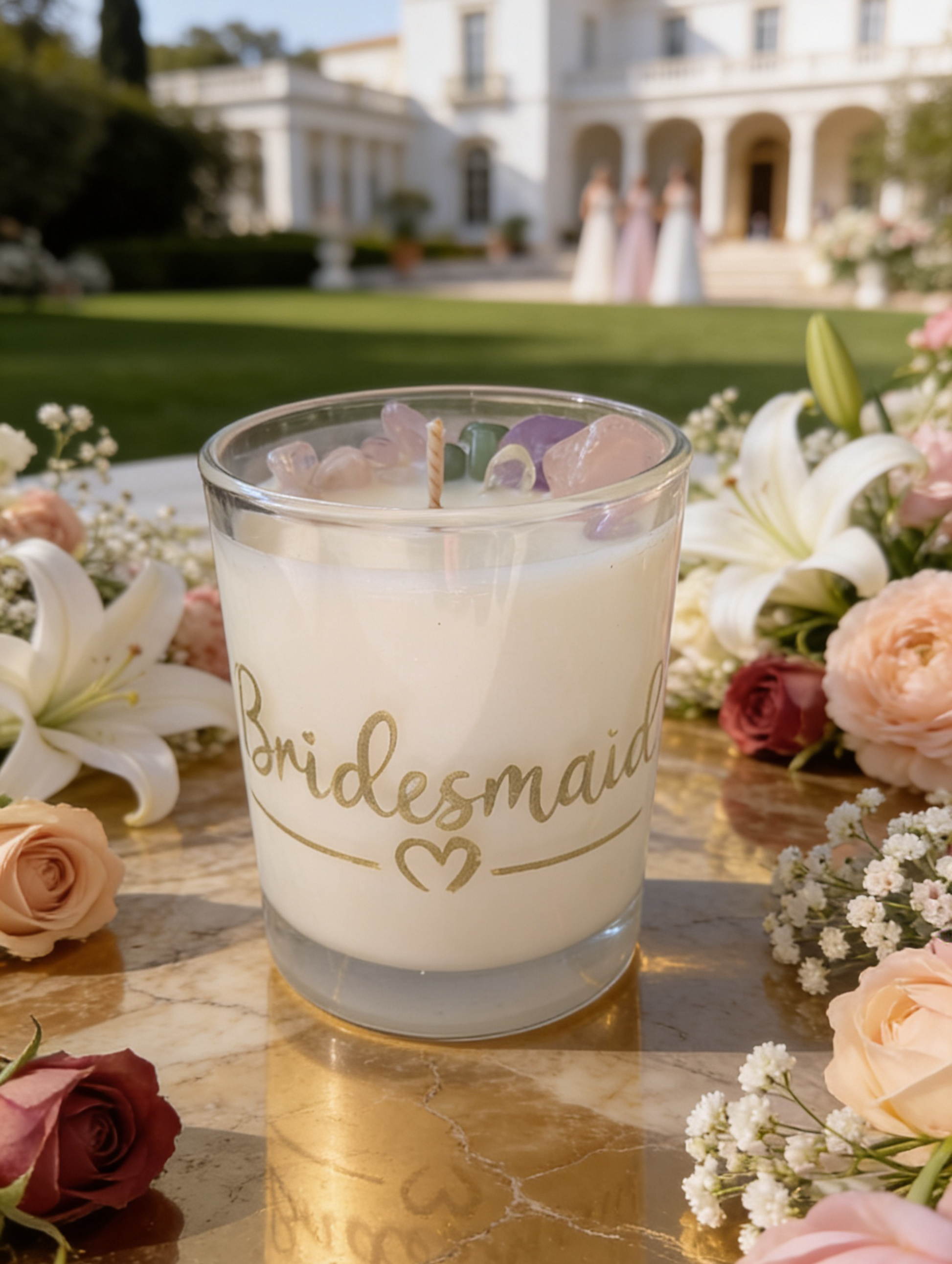 Gift for bridesmaid, luxury hand etched candle finished with gold or silver metallic accent, adorned with crystals.  Vegan Crystal candle