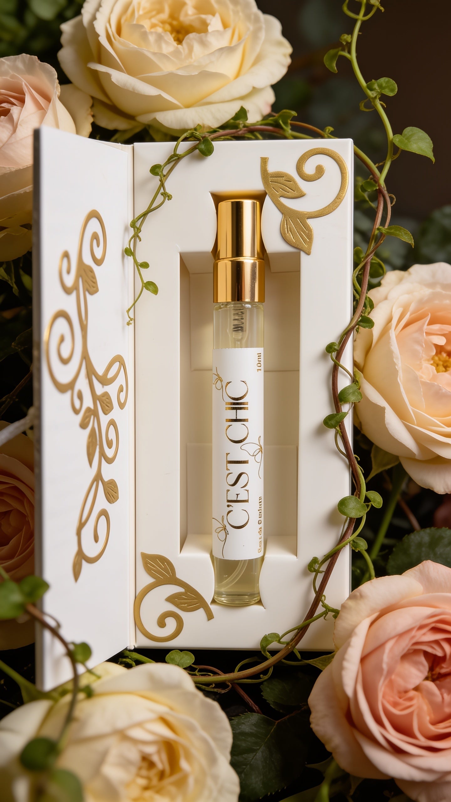 Perfume bottle in a decorative box with roses around