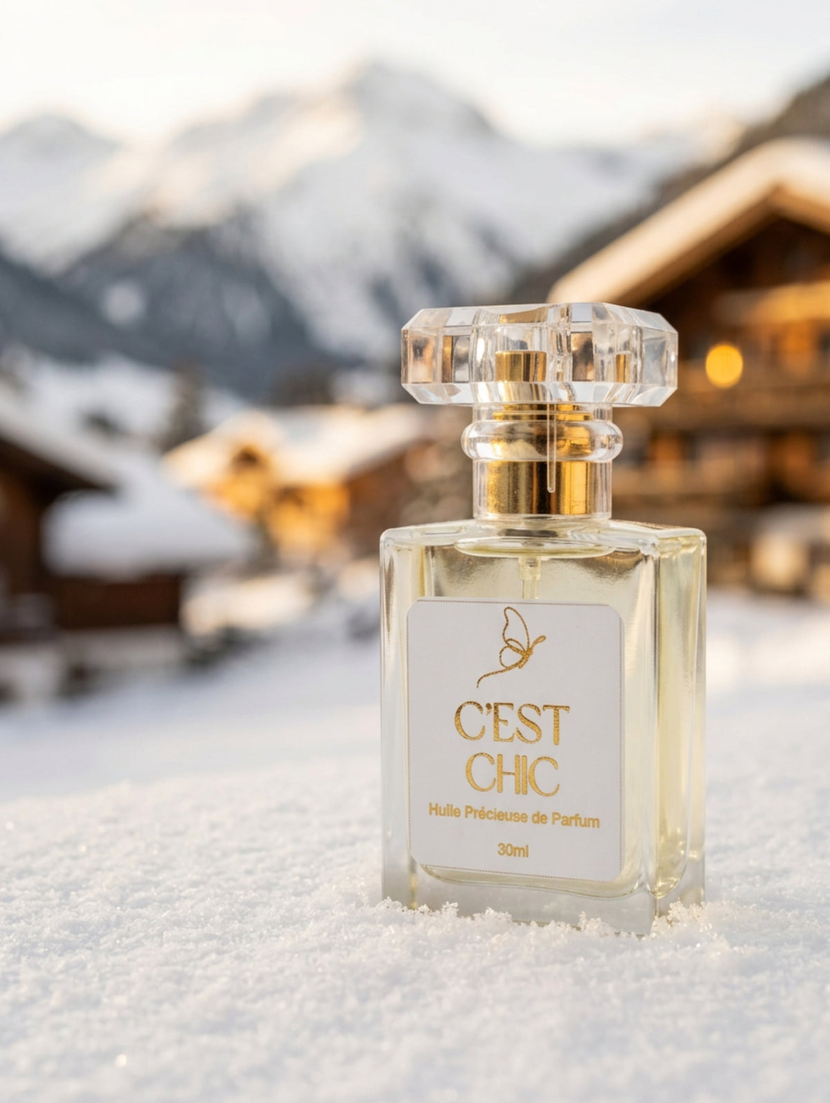 Luxury Perfume Spray Oil in fragrance C'est Chic by Hazel Glow, shown standing in snow against a luxury ski resrt background