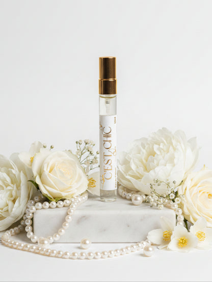 White Floral Bridal Perfume C'est Chic by Hazel Glow.  The perfect wedding day scent, bridesmaid gift or mother of the bride or groom gift.