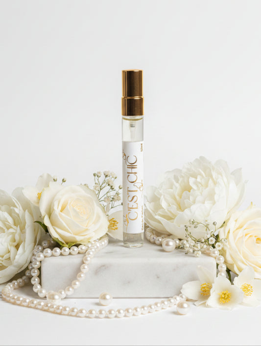 White Floral Bridal Perfume C'est Chic by Hazel Glow.  The perfect wedding day scent, bridesmaid gift or mother of the bride or groom gift.