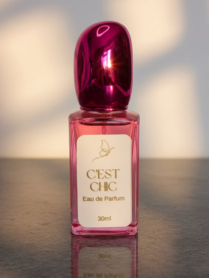 C'est Chic vegan perfume in fuschia pink 30ml bottle and metallic lid by Hazel Glow