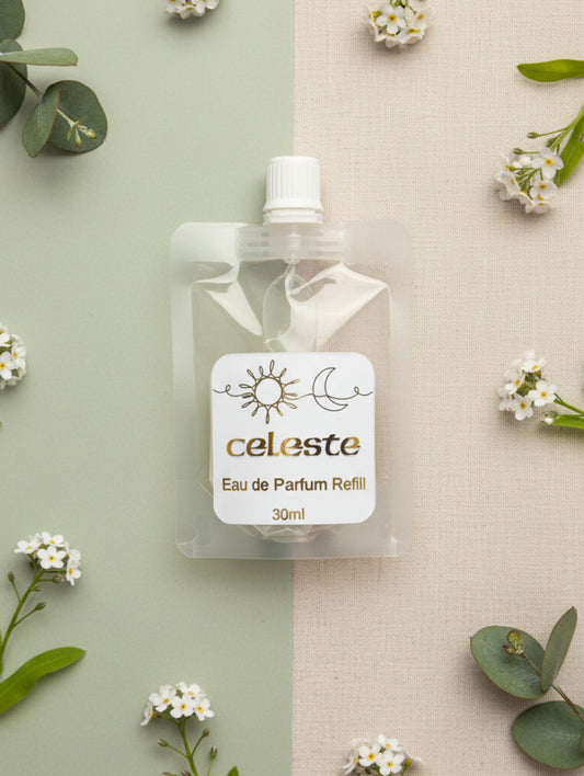 Celeste vegan eau de parfum refill in spout pouch clear container
