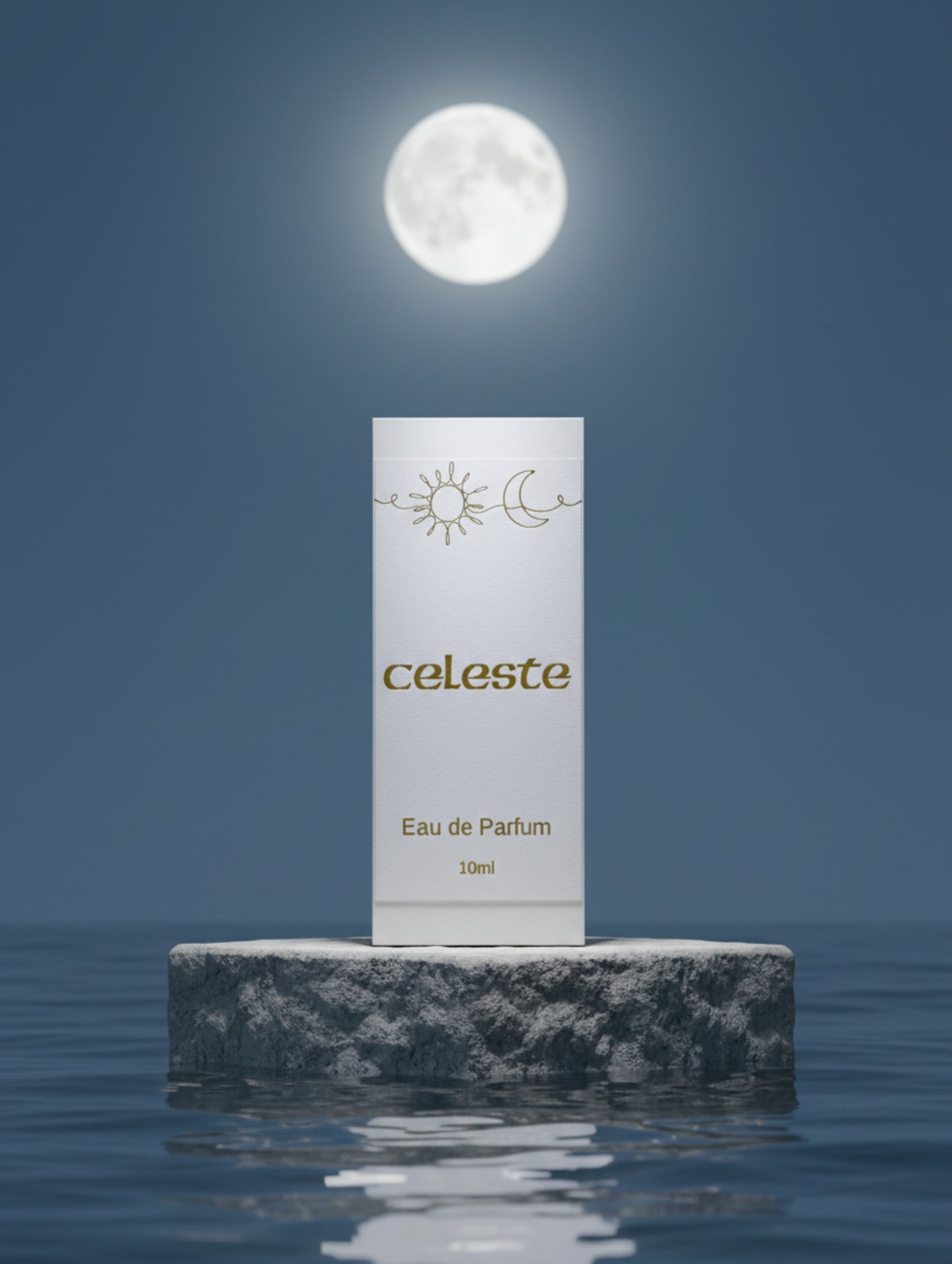 Celete Eau de Parfum packaging on a stone plinth in the moonlight